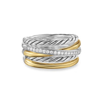 Crossover Five Row Ring Sterling Silver with 18K Yellow Gold and Diamonds, 11mm