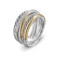 Crossover Five Row Ring Sterling Silver with 18K Yellow Gold and Diamonds, 11mm