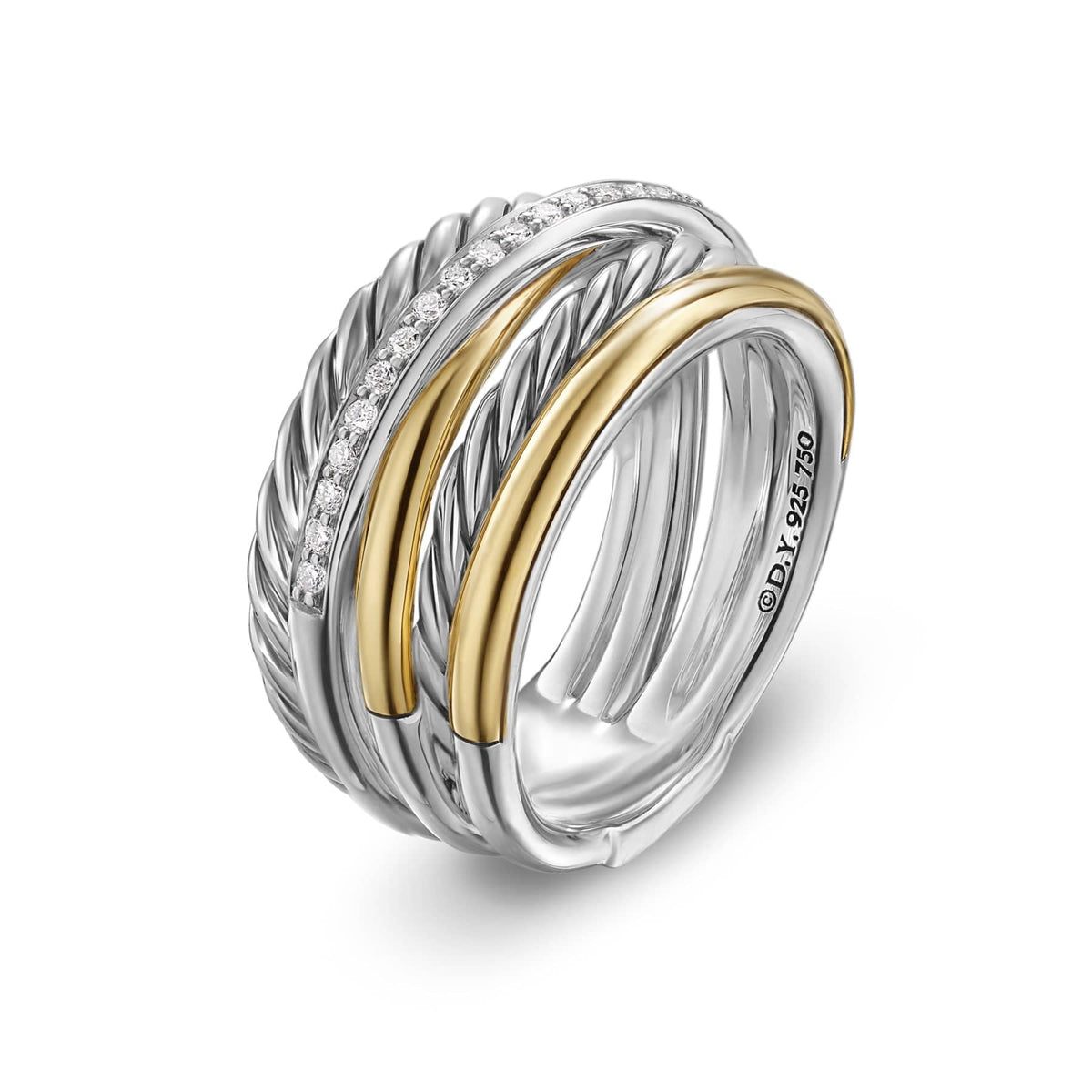 Crossover Five Row Ring Sterling Silver with 18K Yellow Gold and Diamonds, 11mm