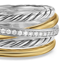 Crossover Five Row Ring Sterling Silver with 18K Yellow Gold and Diamonds, 11mm