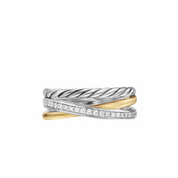 Crossover Three Row Ring Sterling Silver with 18K Yellow Gold and Diamonds, 7mm
