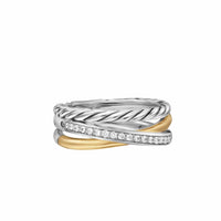 Crossover Three Row Ring Sterling Silver with 18K Yellow Gold and Diamonds, 7mm
