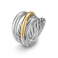 Crossover Five Row Ring Sterling Silver with 14K Yellow Gold, 17.5mm