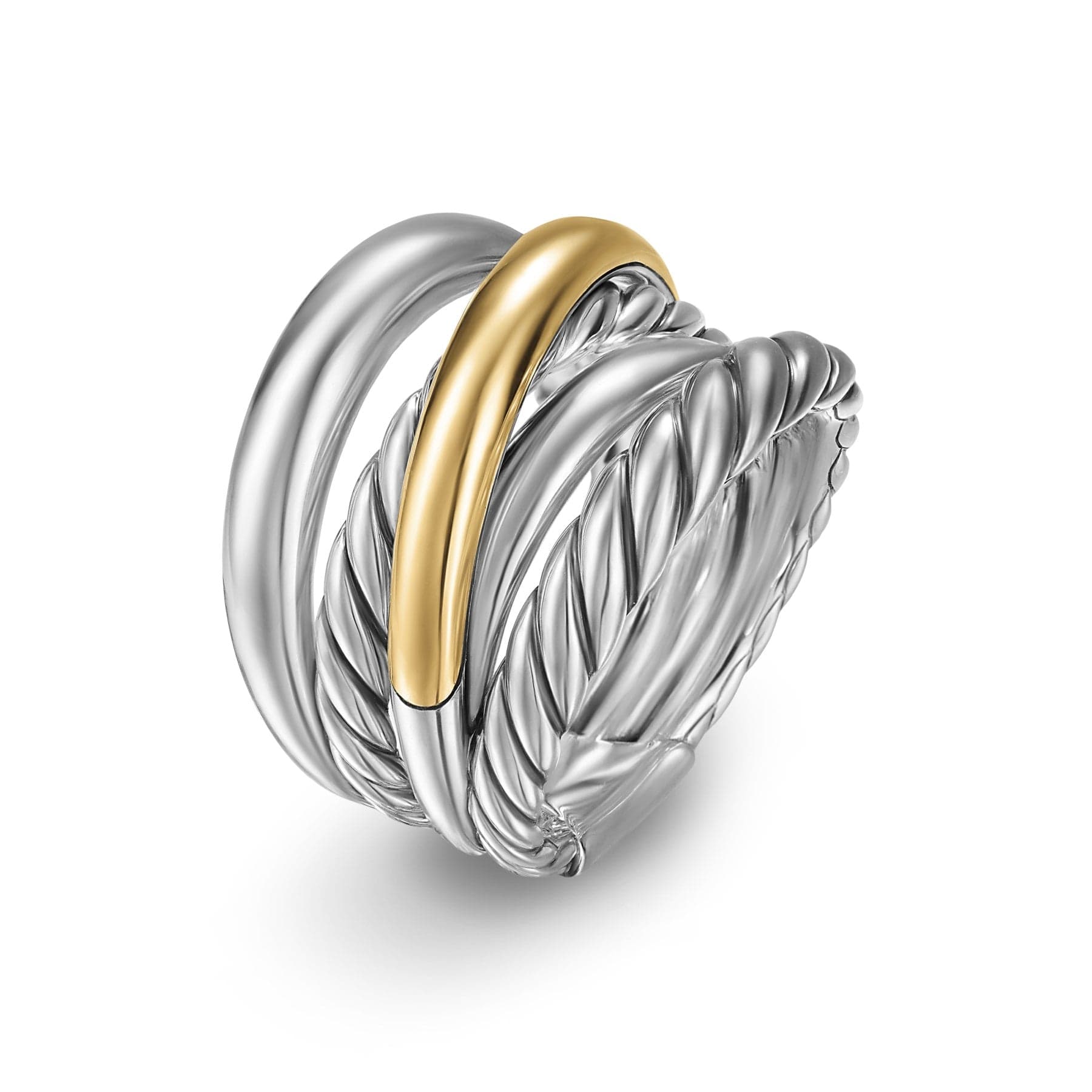 Crossover Five Row Ring Sterling Silver with 14K Yellow Gold, 17.5mm