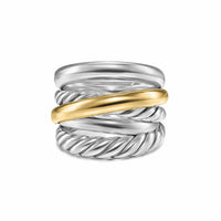 Crossover Five Row Ring Sterling Silver with 14K Yellow Gold, 17.5mm