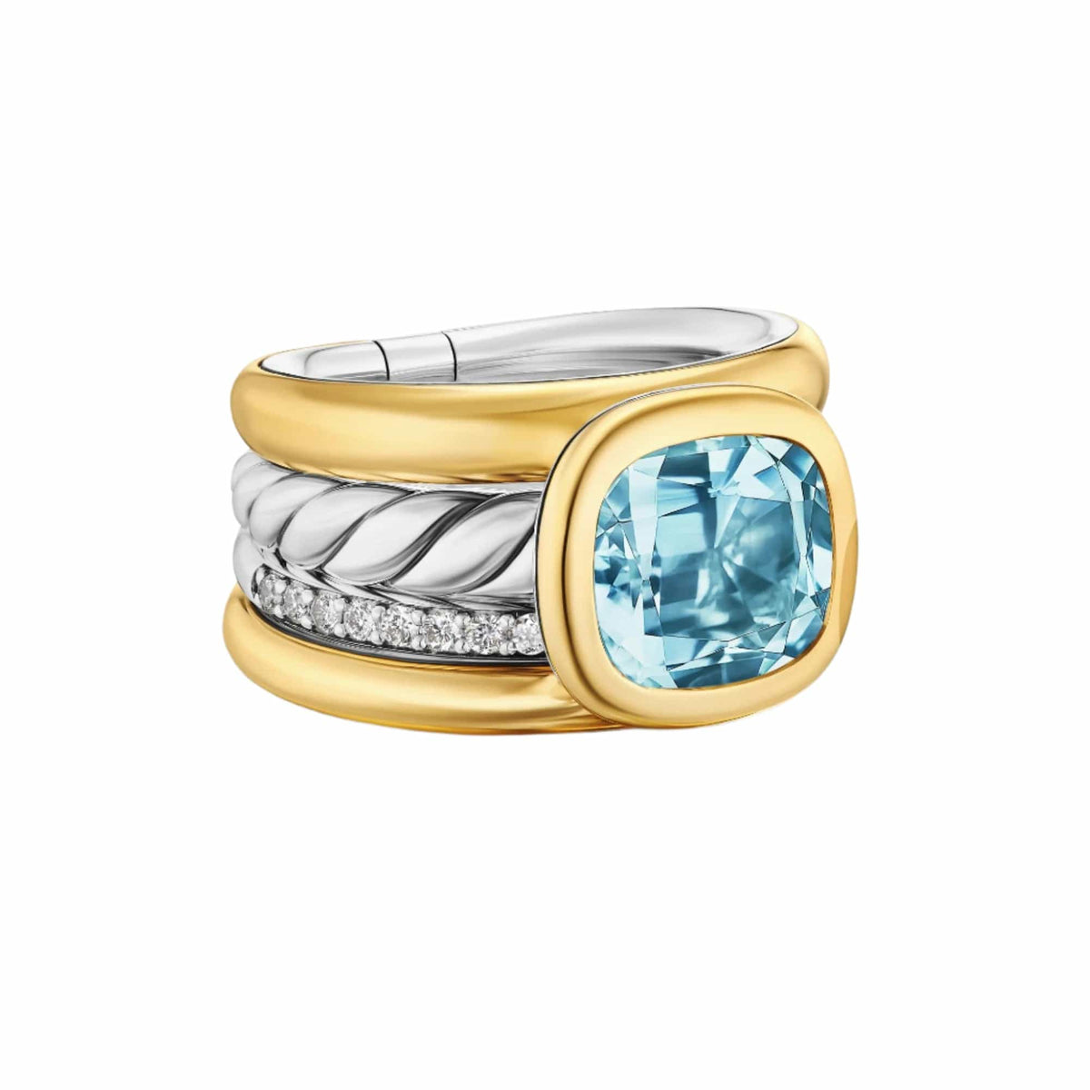 DY Mercer® Four Row Stone Ring Sterling Silver with 18K Yellow Gold, Sky Blue Topaz and Diamonds, 14mm