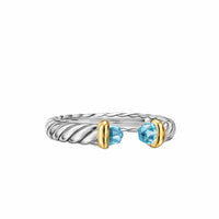 Petite Cable Open Ring Sterling Silver with 14K Yellow Gold and Blue Topaz, 3.4mm