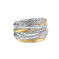Crossover Seven Row Ring Sterling Silver with 18K Yellow Gold and Diamonds, 16mm