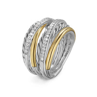 Crossover Seven Row Ring Sterling Silver with 18K Yellow Gold and Diamonds, 16mm