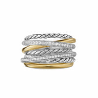 Crossover Seven Row Ring Sterling Silver with 18K Yellow Gold and Diamonds, 16mm