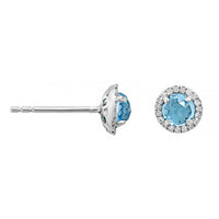 14K White Gold Blue Topaz and Diamond Halo Stud Earrings