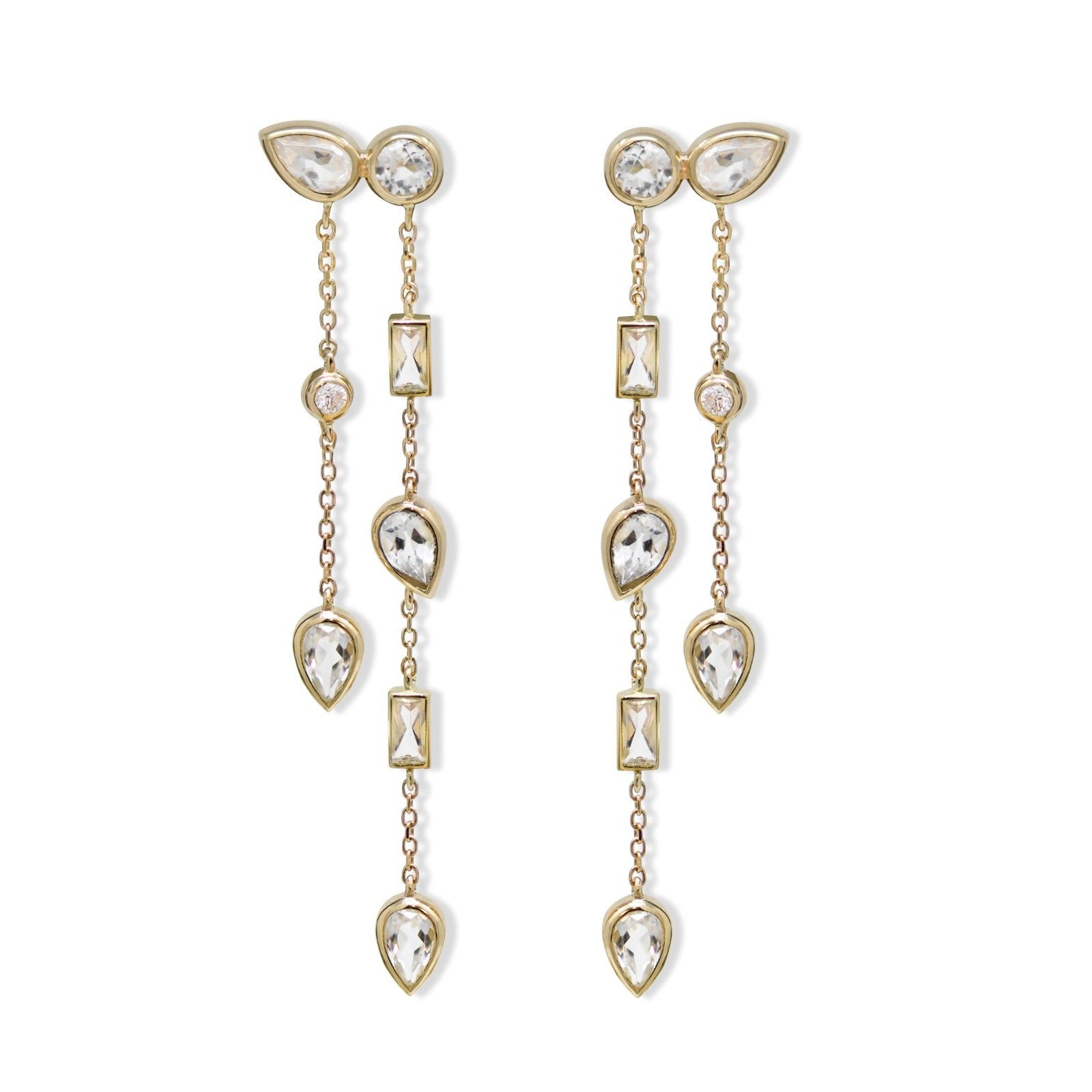 14K Yellow Gold Cleo Liana Double Chain Chandelier Topaz & Diamond Earrings