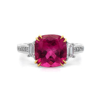 Platinum and 18K Yellow Gold Pink Tourmaline and Diamond 3 Stone Ring