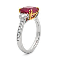 Platinum and 18K Yellow Gold Pink Tourmaline and Diamond 3 Stone Ring