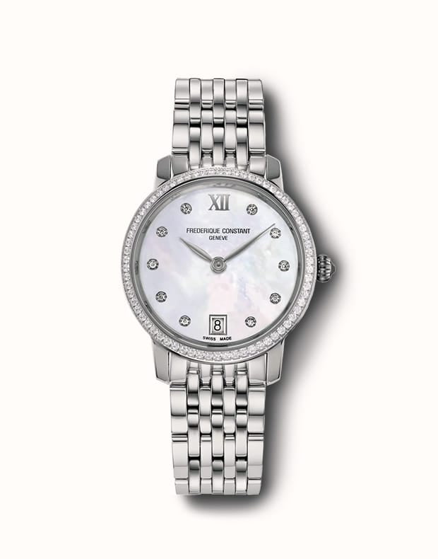 Frederique Constant watch with mother of pearl face and diamond bezel