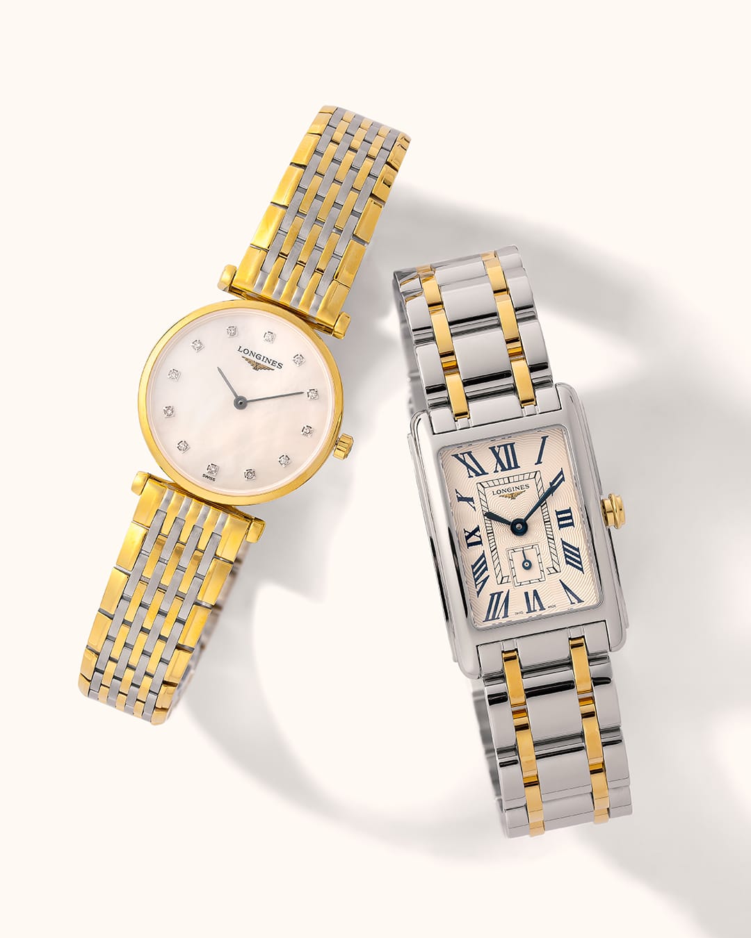 Two elegant wristwatches with two-tone yellow gold and stainless steel bracelets, displayed on a clean off-white background. On the left is a round Casablanca watch with a mother-of-pearl dial and crystal hour markers.