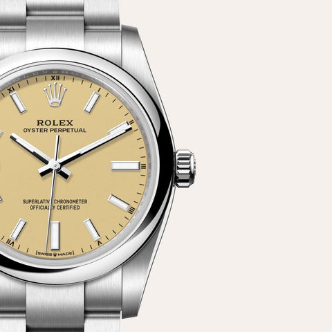 Dial closeup of a Rolex Oyster Perpetual watch