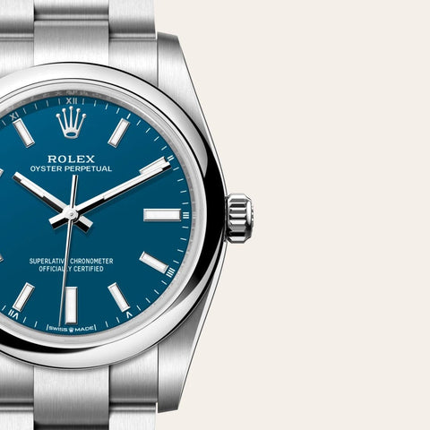 Dial closeup of a Rolex Oyster Perpetual watch