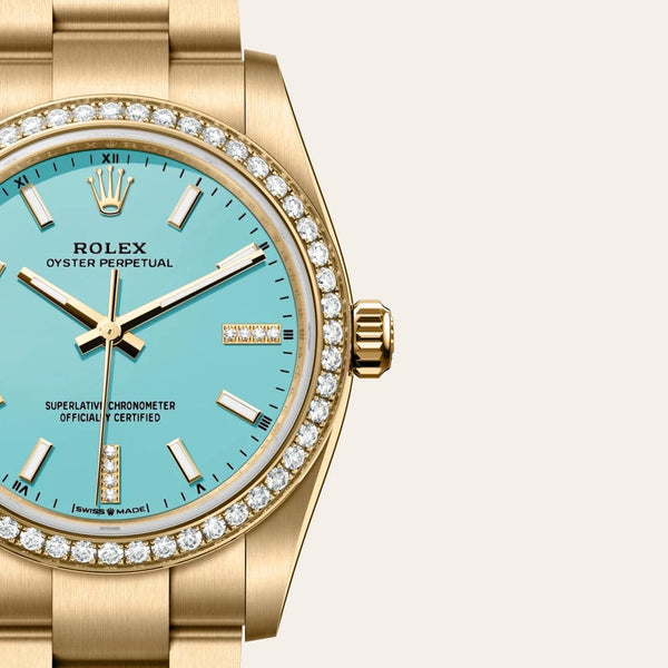 Dial closeup of a Rolex Oyster Perpetual watch