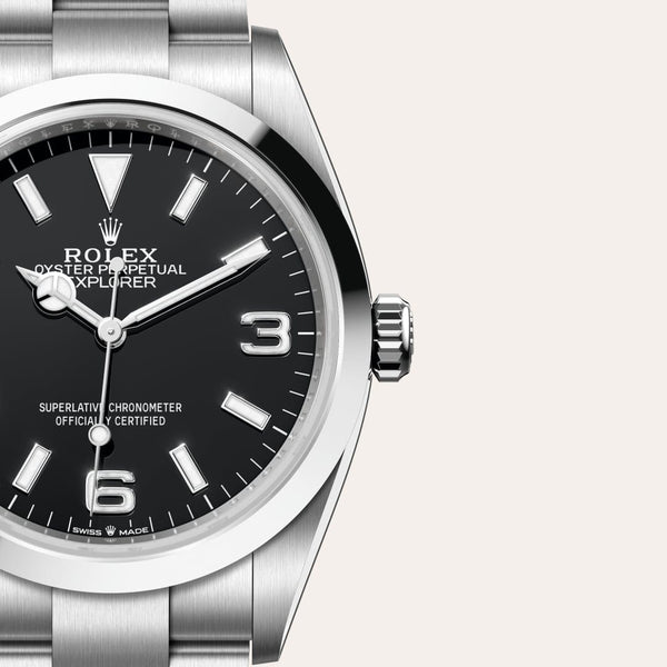 Dial closeup of a Rolex Explorer watch