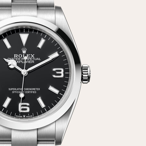 Dial closeup of a Rolex Explorer watch