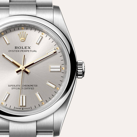 Dial closeup of a Rolex Oyster Perpetual watch