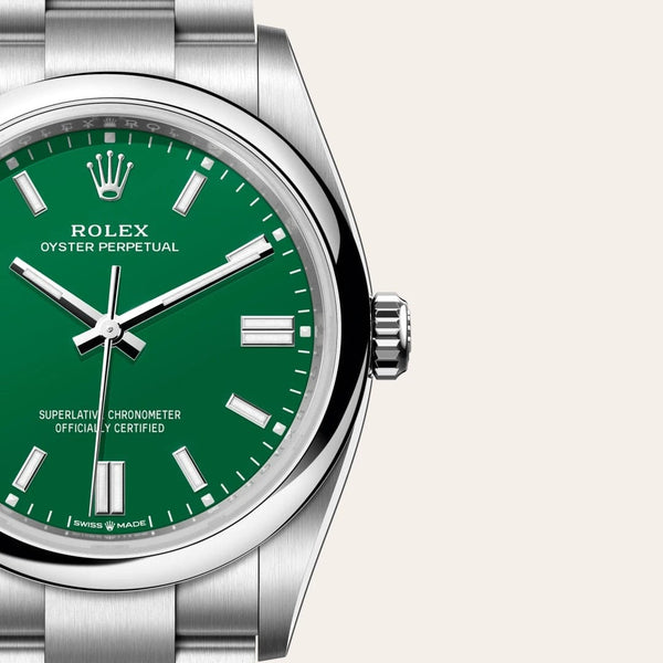 Dial closeup of a Rolex Oyster Perpetual watch
