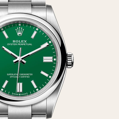 Dial closeup of a Rolex Oyster Perpetual watch
