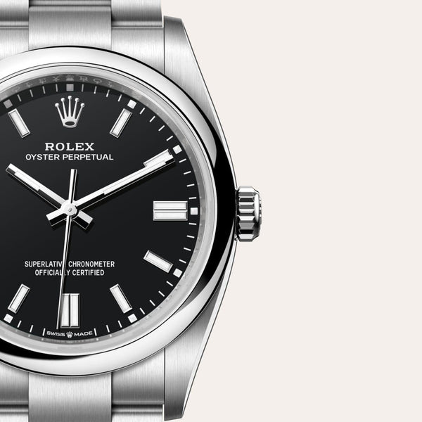 Dial closeup of a Rolex Oyster Perpetual watch