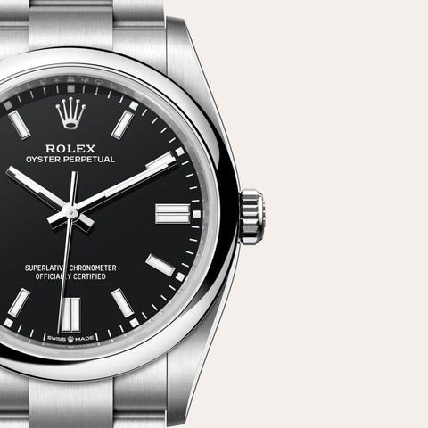 Dial closeup of a Rolex Oyster Perpetual watch