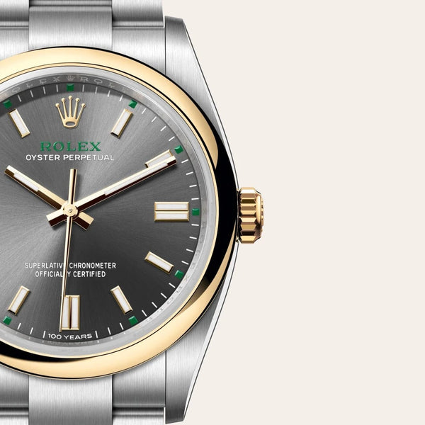 Dial closeup of a Rolex Oyster Perpetual watch