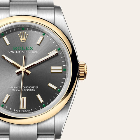 Dial closeup of a Rolex Oyster Perpetual watch