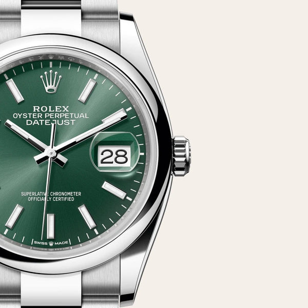 Dial closeup of a Rolex Datejust watch