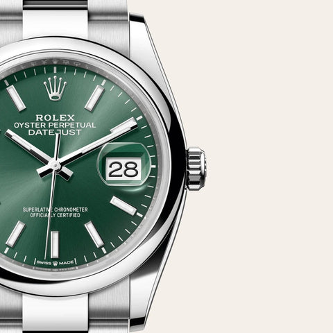 Dial closeup of a Rolex Datejust watch