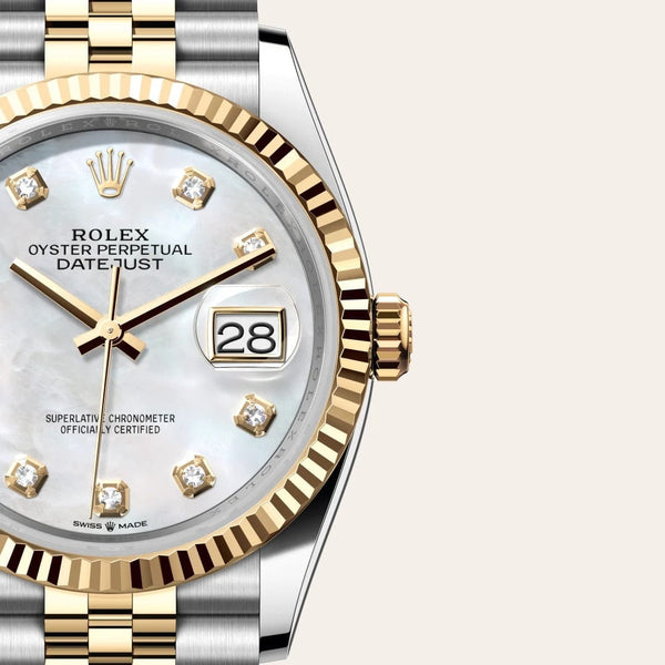 Dial closeup of a Rolex Datejust watch
