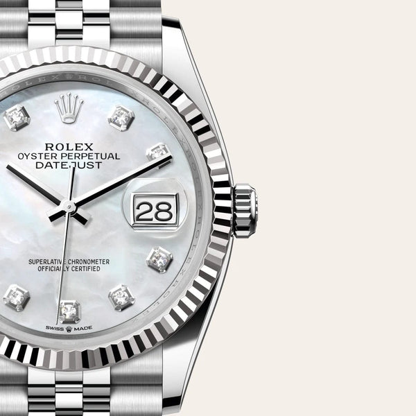 Dial closeup of a Rolex Datejust watch
