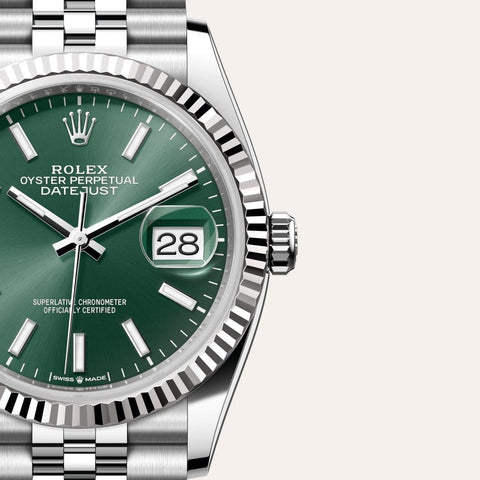 Dial closeup of a Rolex Datejust watch