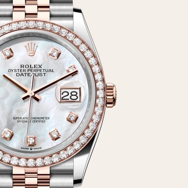 Dial closeup of a Rolex Datejust watch