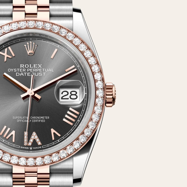 Dial closeup of a Rolex Datejust watch