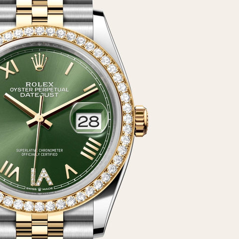 Dial closeup of a Rolex Datejust watch