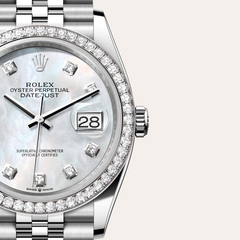 Dial closeup of a Rolex Datejust watch