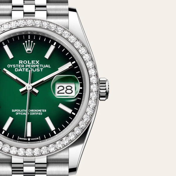Dial closeup of a Rolex Datejust watch