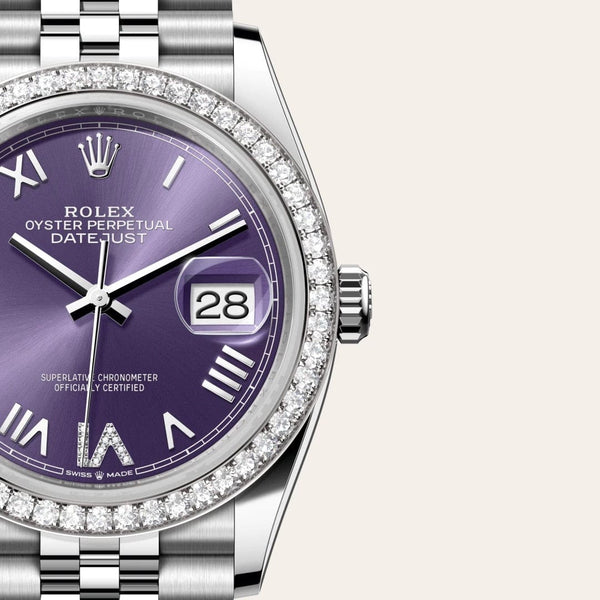 Dial closeup of a Rolex Datejust watch