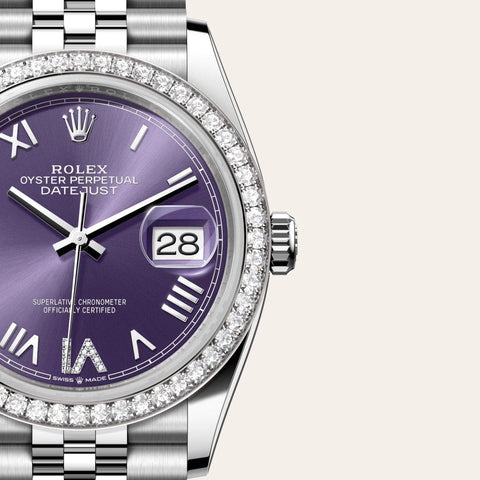 Dial closeup of a Rolex Datejust watch