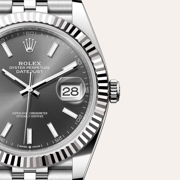 Dial closeup of a Rolex Datejust watch