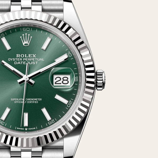 Dial closeup of a Rolex Datejust watch