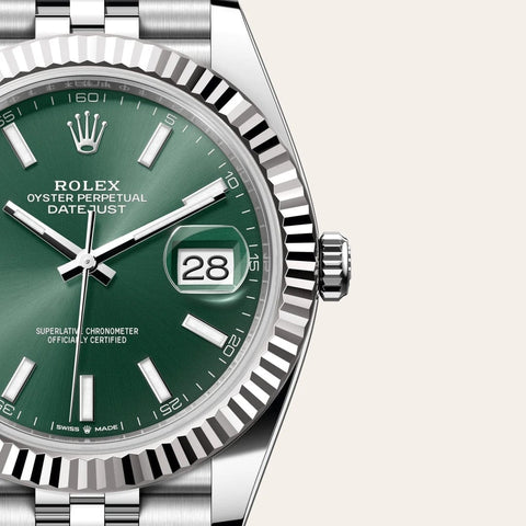 Dial closeup of a Rolex Datejust watch