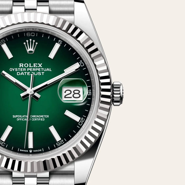 Dial closeup of a Rolex Datejust watch