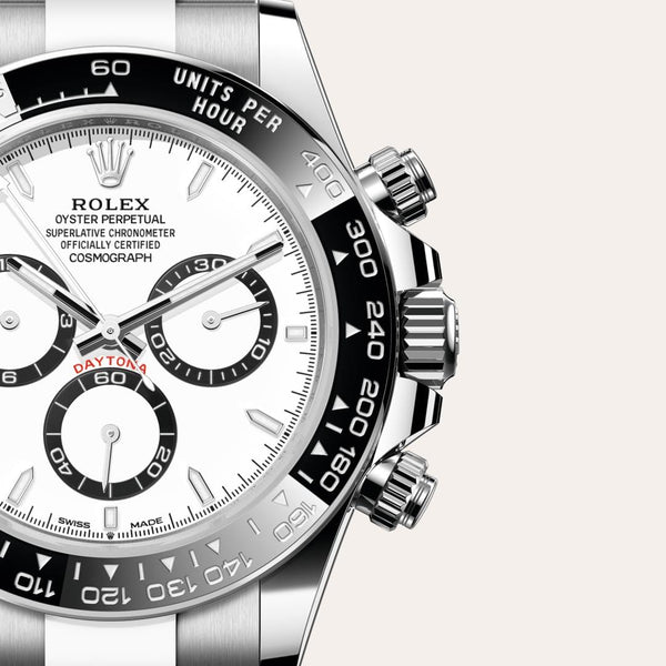 Dial closeup of a Rolex Cosmograph Daytona watch