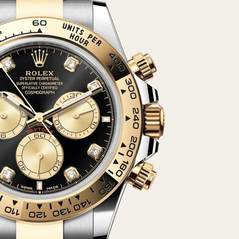 Dial closeup of a Rolex Cosmograph Daytona watch
